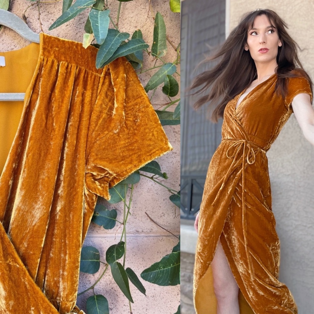 WAYF Mustard Yellow Velvet Midi Wrap Dress